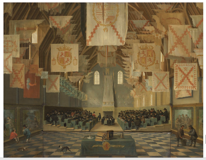 A large hall with a chequered floor and Southern Netherlandish and Spanish flags hanging from the ceiling. A large group of men, all wearing black, are seated in the middle of the hall in two opposite blocks.