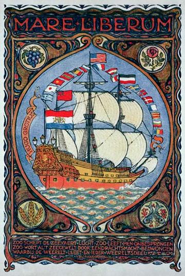 Image of ship with many coloured flags surrounded by sea from Grotius's Mare Liberum.