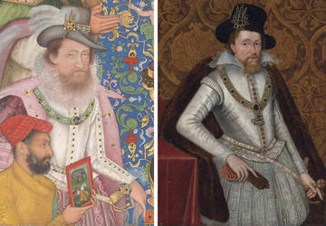 Side by side paintings of James I as represented by the Mughal artist, Bichitr, (left) and by John de Critz (right).