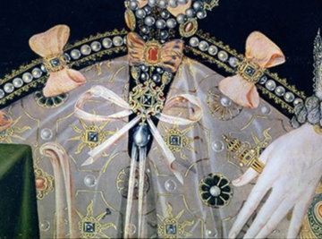 'Pendant pearl' detail from Portrait of Elizabeth I of England, the Armada Portrait. 