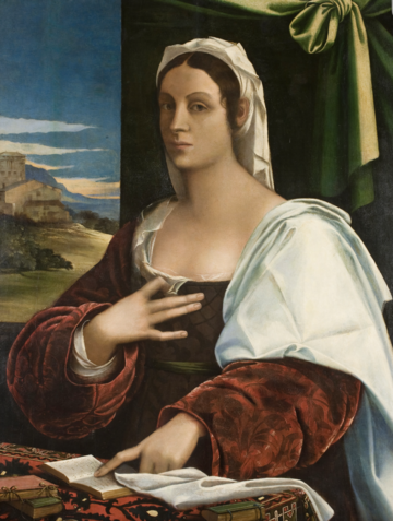 Painting of woman pointing at a book against fabric backdrop with a castle in the background.
