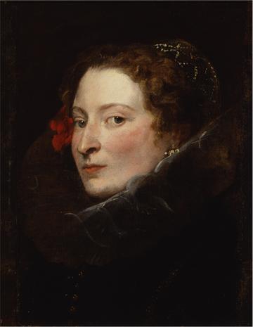 Depicts pale white woman looking to the left with a red flower behind her ear. Flushed cheeks and red lips.