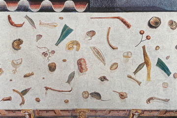 Floor mosaic which depicts the leftovers of a meal on a floor.
